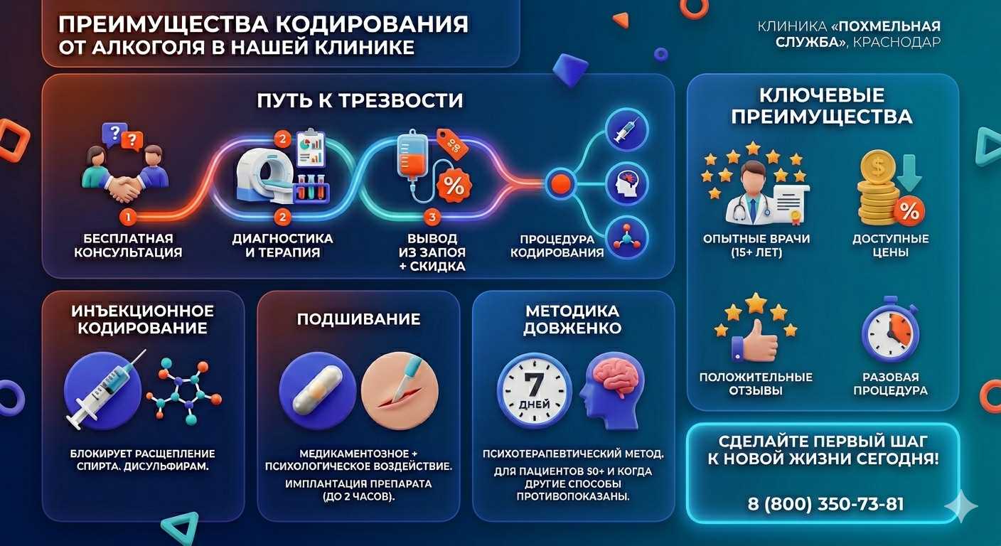 Инфографика о методах кодирования от алкоголя в Дедовске: инъекции, подшивание, метод Довженко. Преимущества клиники и этапы лечения.