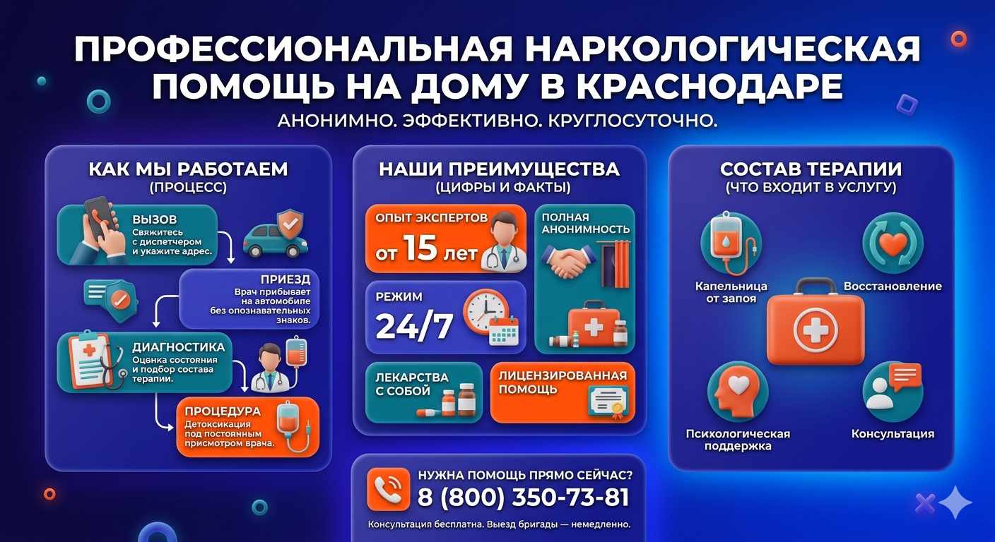 Инфографика о принципах лечения алкоголизма на дому в Дедовске: этапы вызова нарколога, преимущества анонимной детоксикации и состав медицинской помощи.